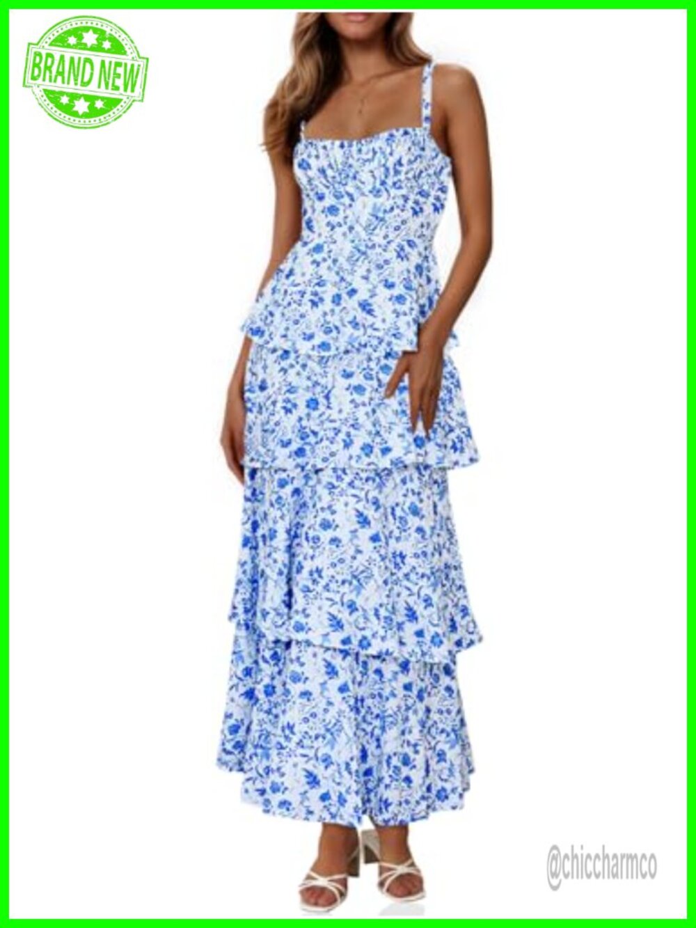 Womens Floral Maxi Dress Spaghetti Strap Ruffle Tiered Casual